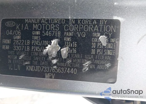 2006 Kia Sorento Ex/Lx z USA, uszkodzony, nr VIN KNDJD733765637440